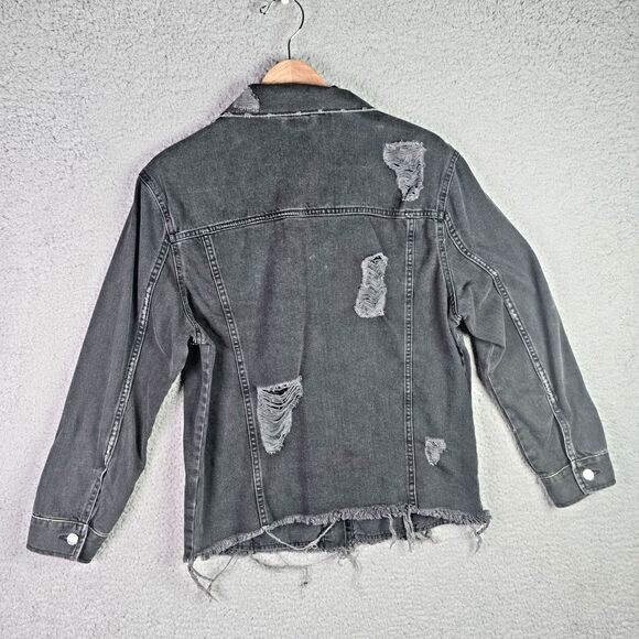 Divided Black Denim Jacket Thrashed Distressed Raw Hem Oversized Y2K Fall Retro - Picture 2 of 16